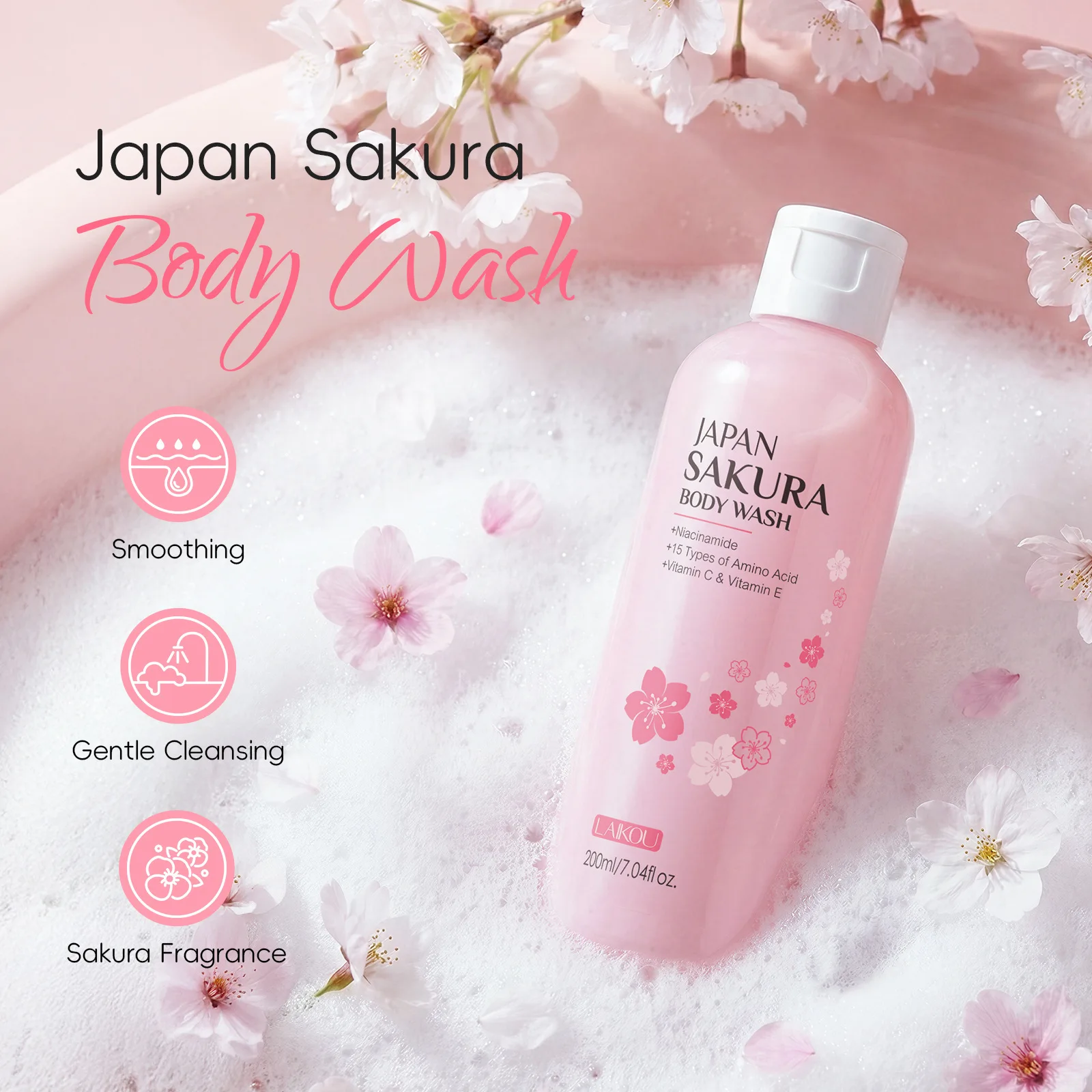 LAIKOU Sakura Shower Gel Long Moisturizing Smooth Long Lasting Fragrance Gentle Foam Body Cleansing Bath Product 100ml