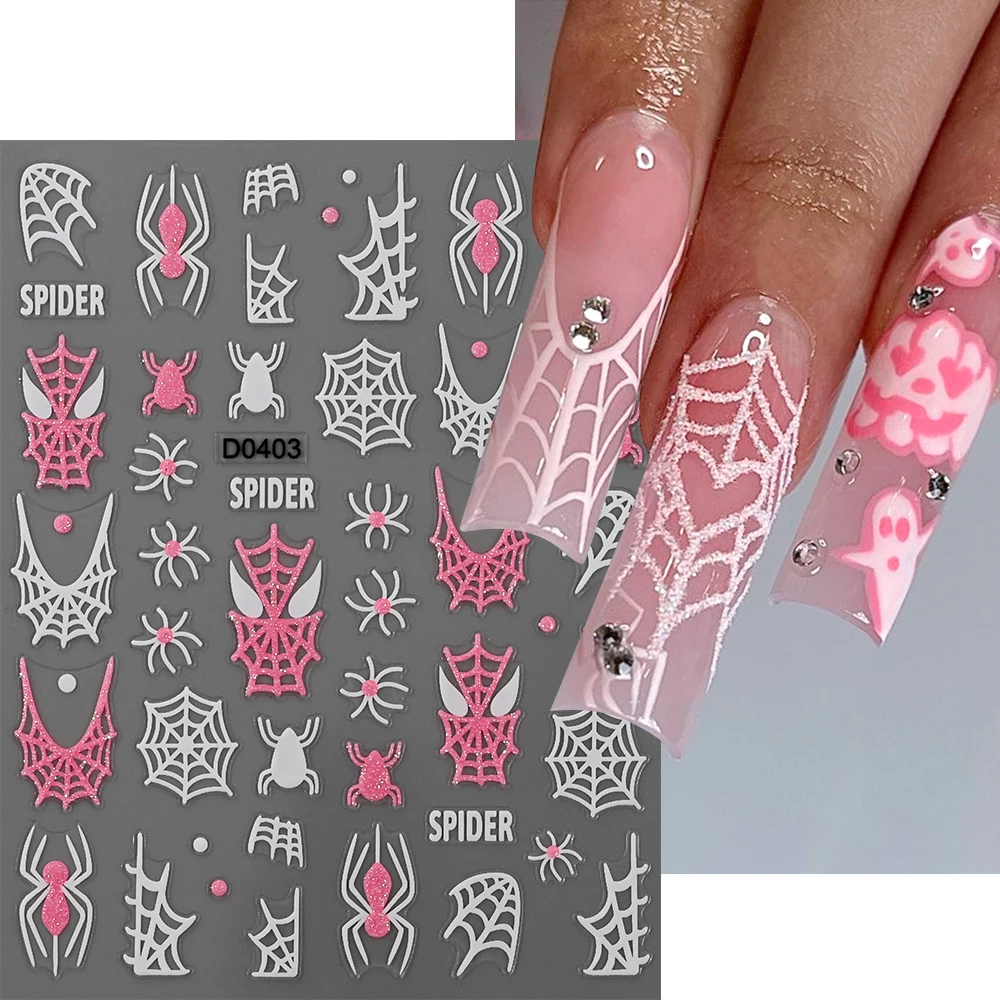 Rosa glitter pó crânio halloween 3d etiqueta do prego 10x8cm fantasma morcego aranha web estilo decalques de unhas diy inverno manicure decoração