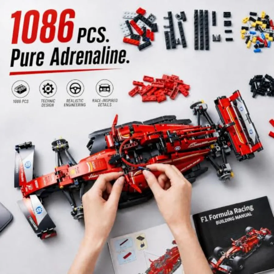 Track Racing RC Car Kit for exhibition and competitive play, ABS plastic, black with red accents, 1086 pieces with integrated L