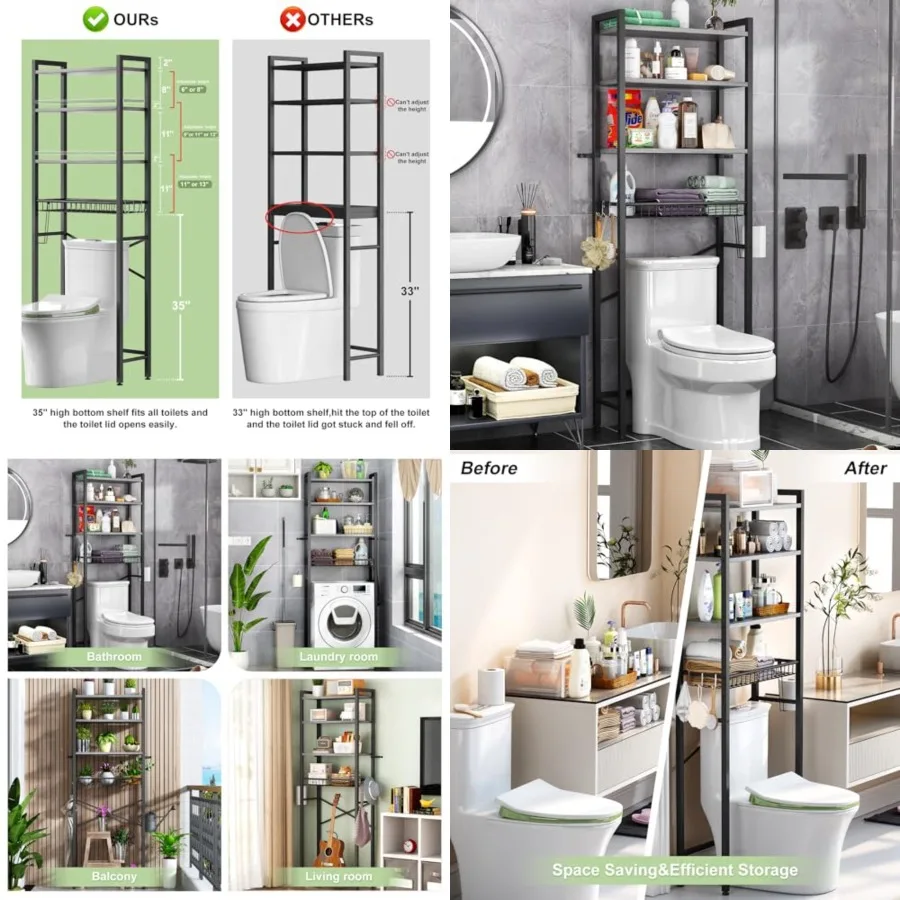 

Over-The-Toilet Storage Rack, 4-Tier Bathroom Organizer Shelf Over Toilet with Adjustable Shelf and Basket, Freestanding Space