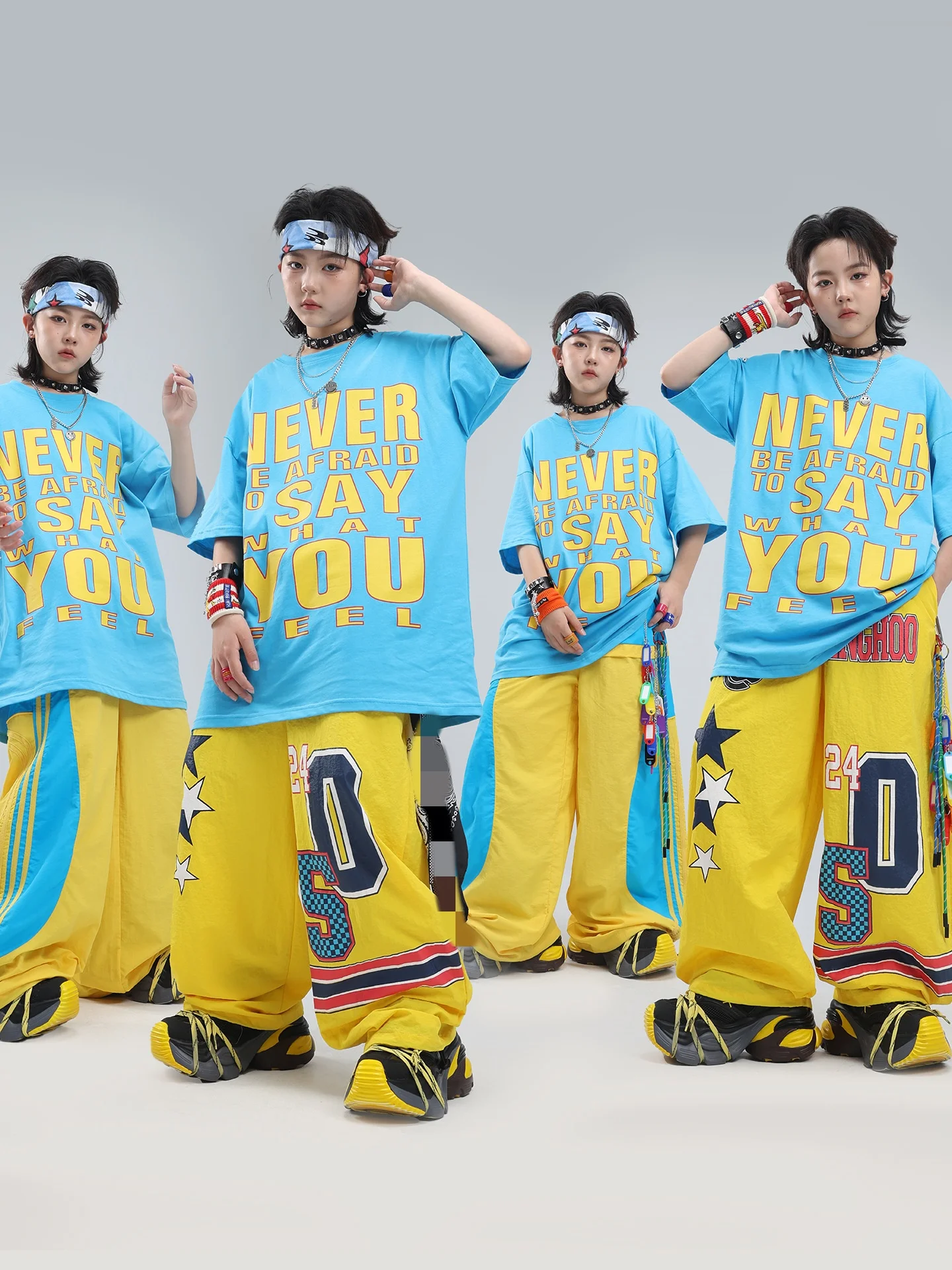 Kids Streetwear Costumes Blue Yellow Oversized T-Shirt Baggy Pants Set for Girls Hip Hop Clothing Boys Jazz Dance Stage Outfit
