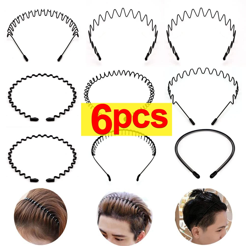 6Pcs Fashion Men's Metal Hairband Unisex Black Wavy Hair Head Hoop Band Women Unisex Flexible Sport Headband Hair Accessories