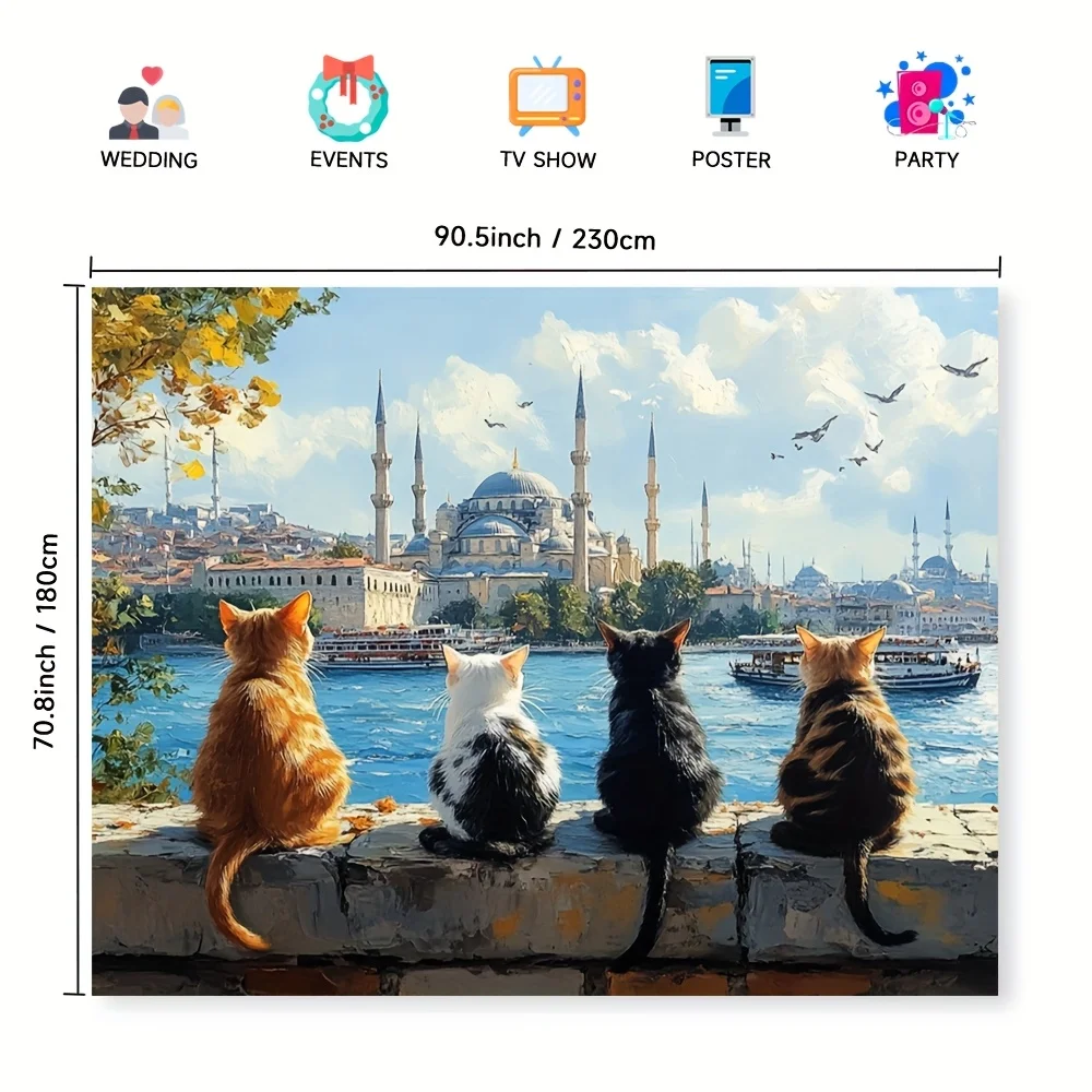 1pc Four Cats Watching Istanbul Mosque Sea View 2D Flat Tapestry Backdrop For Living Room Decor Travel Wall Hanging Art