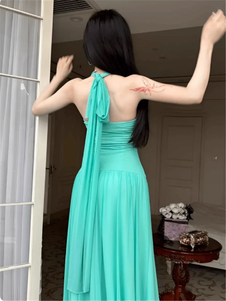 عطلة الصيف النساء الجنية عطلة الشاطئ الأخضر فستان طويل رومانسية الرسن الخامس الرقبة عارية الذراعين الخرز الخصر النحيف فستان شبكي Vestidos