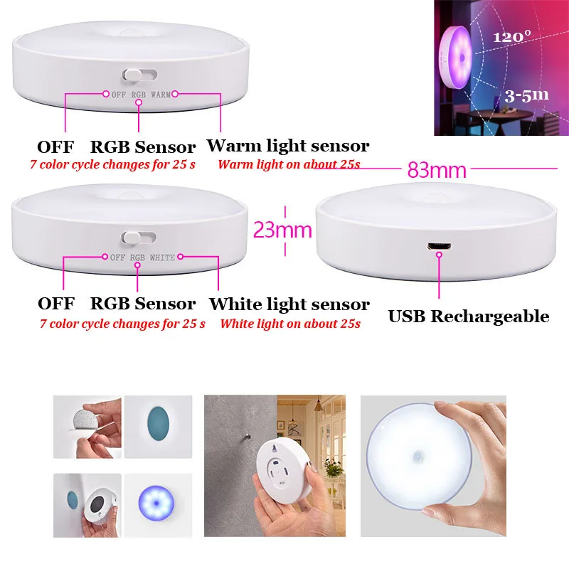 Night Light LED With PIR Motion Sensor Rechargeable USB Kitchen Cabinet RGB Lamp For Bedroom Room New Year Decoration