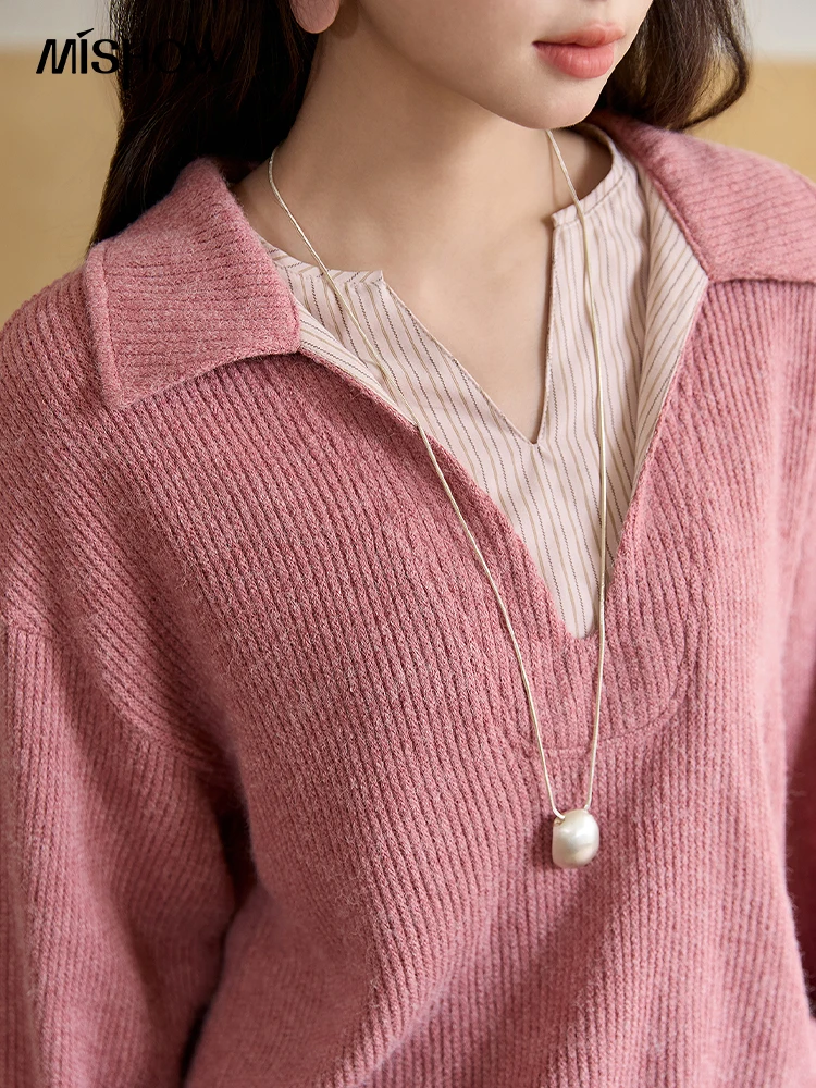 MISHOW Imitacja Dwuczęściowej Bluzki Damskiej Jesień Zima 2025 Francuski Styl Stójka Koszule Luźne Długie Rękawy Top MXE51Z2625