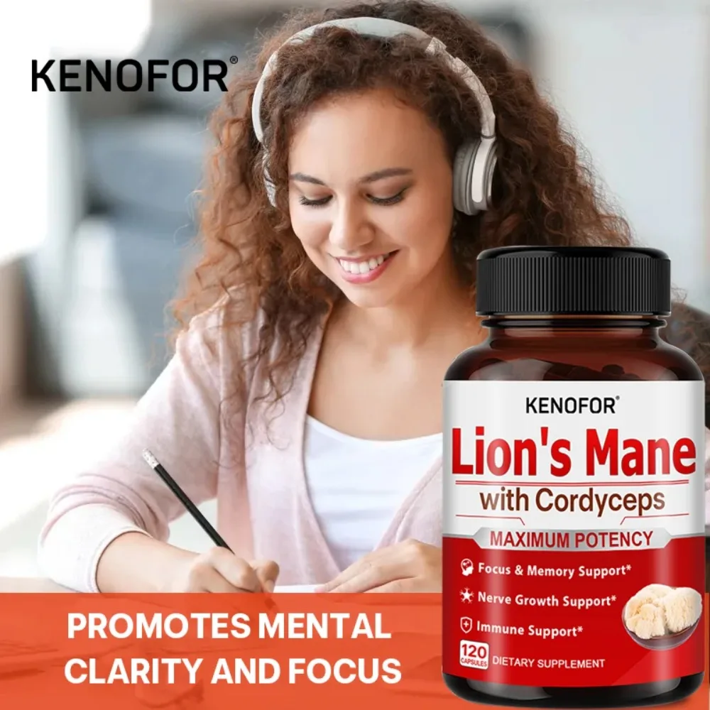 Lion's Mane Supplement - with Cordyceps, Brain Booster, Support Focus, Cognition, Memory & Immunity