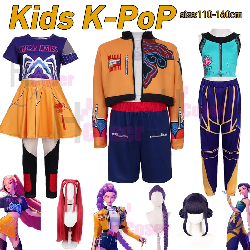

Дети K-Pop Huntrix Руми Мира Зои Костюмы Кейпоп охотницы на демонов Костюм для косплея Парик для девочек карнавальный костюм детская одежда для Хэллоуина с 3D-принтом одежда для ролевых игр
