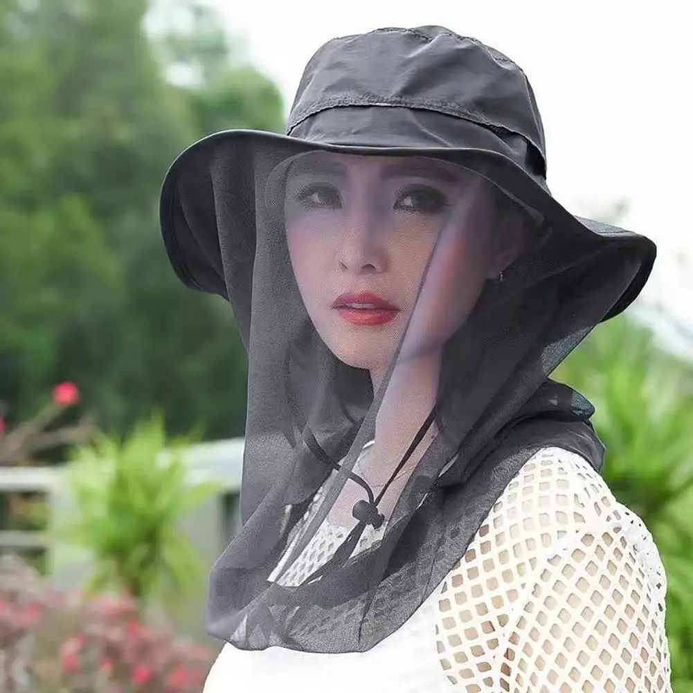 Mosquito Head Net Hat Sun Protection Bucket Hat Hidden Net Mesh Foldable Fly Protection Netting Hat For Outdoor Fishing Hiking