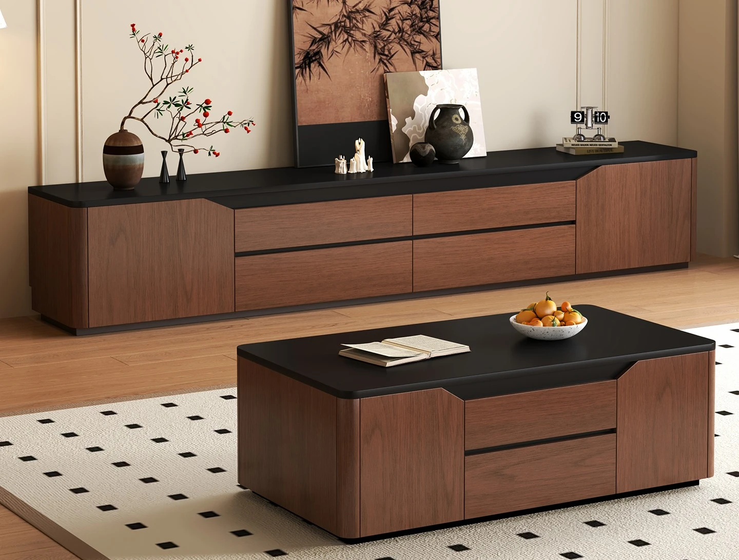 

Medieval rounded corner TV cabinet coffee table combination light luxury modern simple Chinese living room