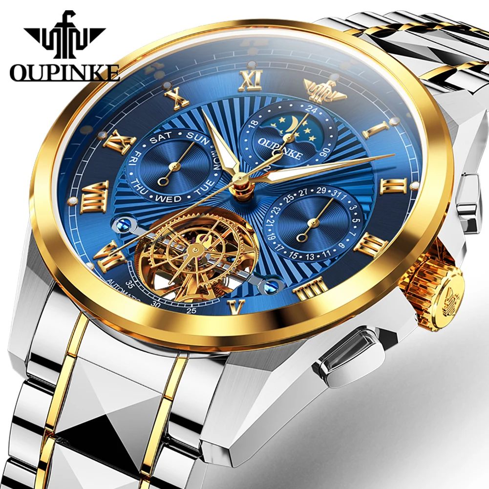 OUPINKE 3322 Mens Watch Luxury Skeleton Gold Automatic Mechanical Wristwatch 50M Waterproof Moon Phase Perpetual Calendar Reloj