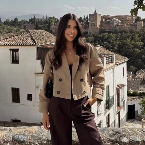 Imagen 2 del producto Gabardina corta con doble botonadura para mujer, abrigos de manga larga con cuello vuelto, prendas de vestir exteriores Vintage para mujer, Tops elegantes