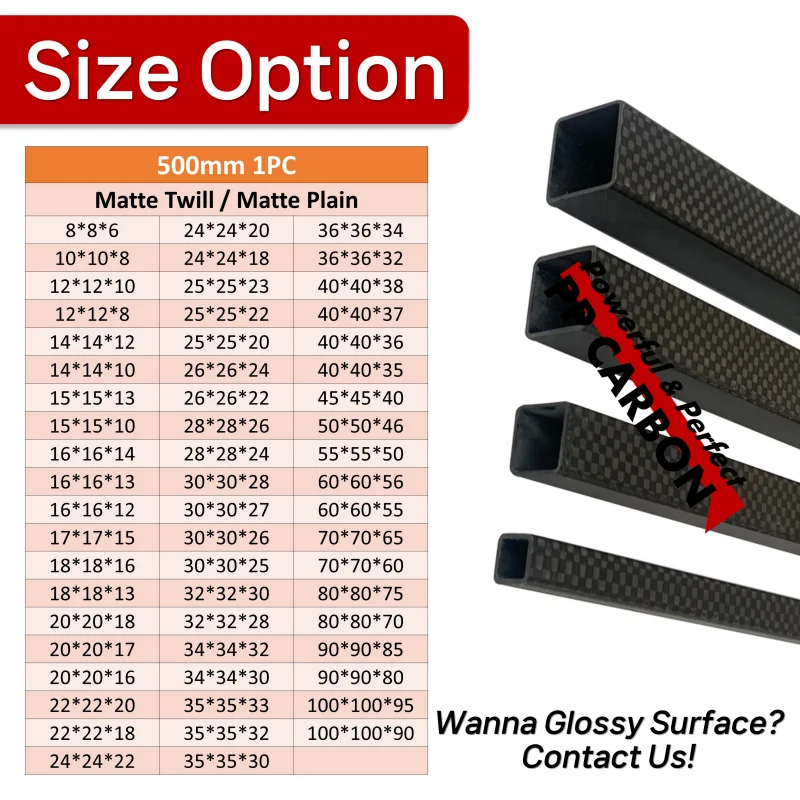 1PC 500mm Carbon Fiber Square Tube OD 30mm 35mm 36mm 40mm 45mm 50mm 56mm 70mm 80mm 90mm 100mm for Hardness Composite 3K Material