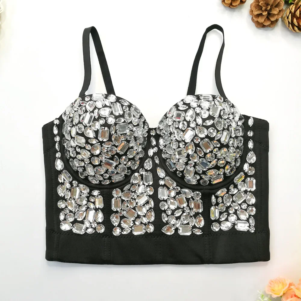 SsTss Women Luxury Rhinestone Detail Bustier Corset 2024 Summer Sexy Sparkling Fishbone Push Up Bra Night Out Club Cami Crop Top