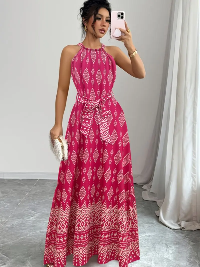 Rose Red Geometric Print Wrap Dress Belted Waist Flared Skirt for Women's Holiday Wear Casual Vintage Style Maxi Dress