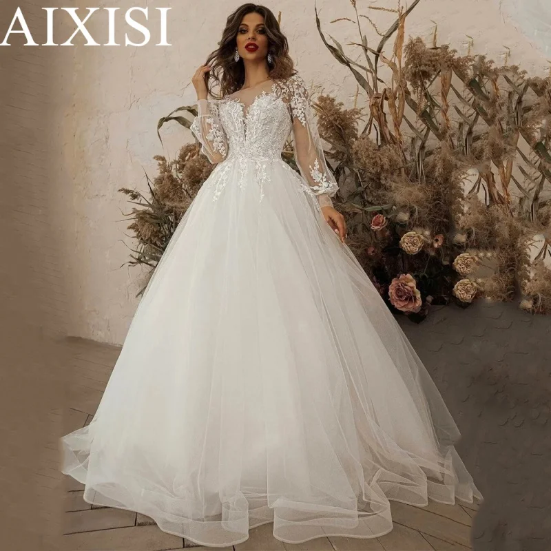 

Elegant Wedding Dress Appliques Tulle Vestidos De Novia Luxury Bridal Gowns Sweetheart Full Puff S. Leeve A-Line Robe De Mariee