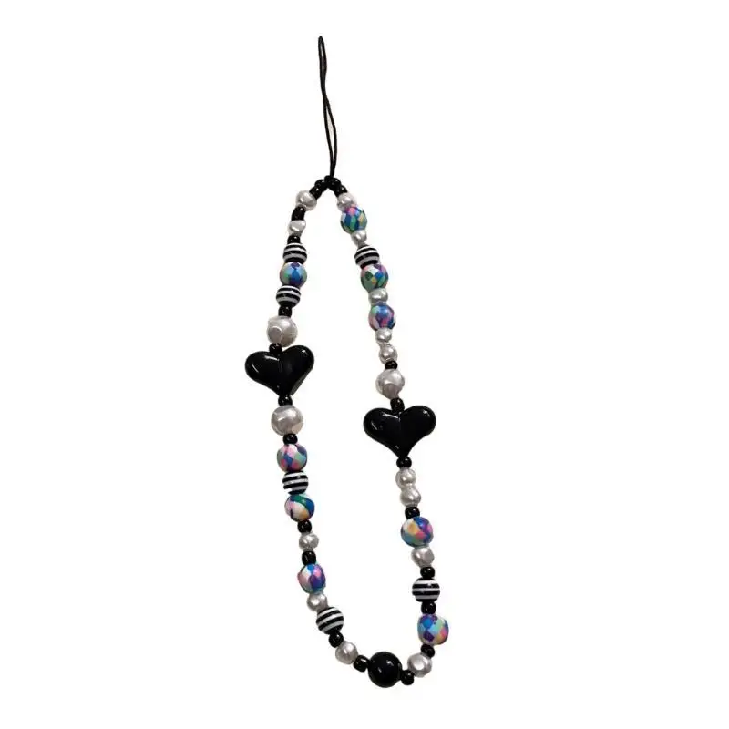 J78F Cell-Phone Straps Keychain Black Heart Round Preal Bead Chain Phone Lanyard Chain Anti-Lost Keychain Y2K Handbag-Decor