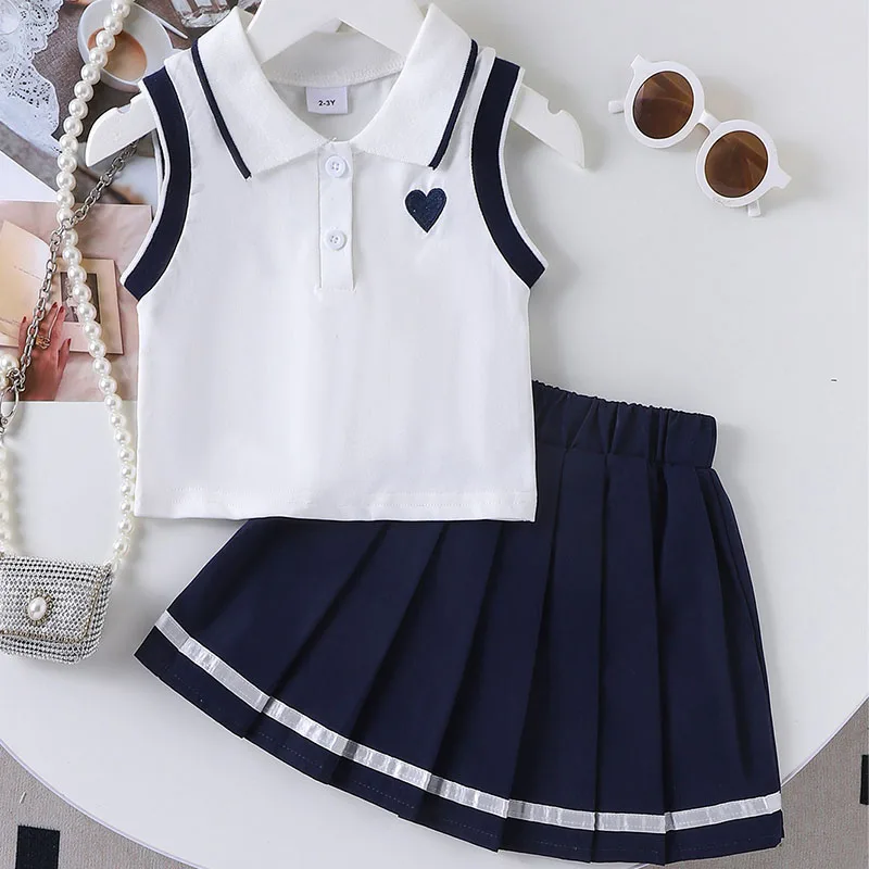 

2Piece Summer Baby Girl Clothes Korean Casual Fashion Cute Sleeveless White Tops+Skirt Boutique Kids Clothing Children Sets B131