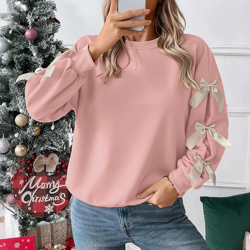 Women Sweatshirts Solid Hoodies Bow Cotton Linen Long Sleeve Round Neck Slight Strech Loose Fit Casual Office 2026 Autumn Winter