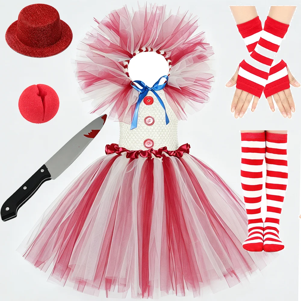 Farm Scarecrow Clown Costume for Girls Halloween Horror Fancy Tutu Dress Kids Tulle Outfit with Red Nose Mini Hat Ruffled Collar