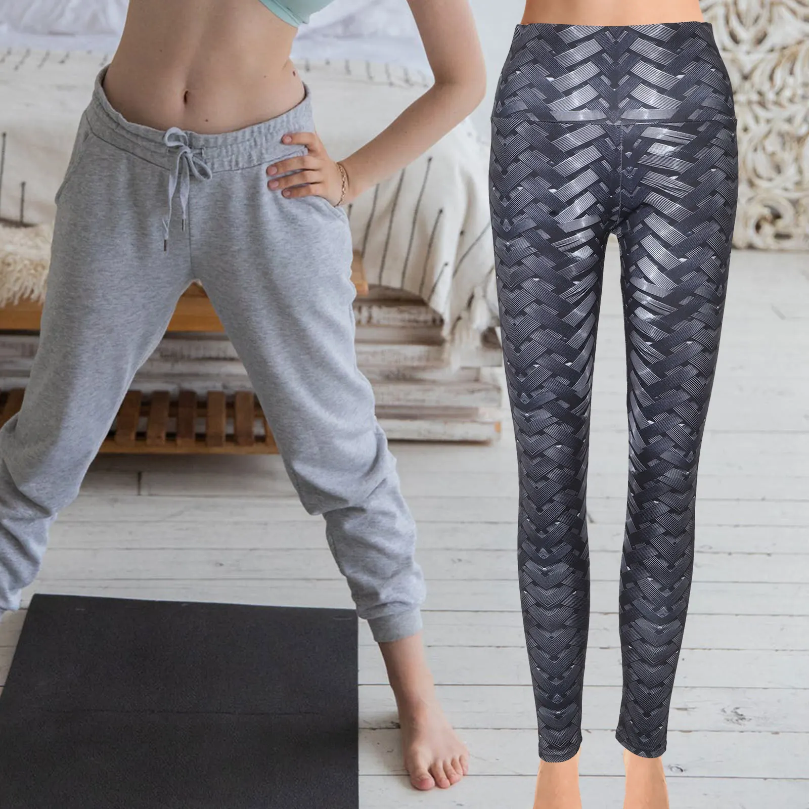 

High Waisted Woven Pattern Yoga Pants Women Digital Print Leggings Gym Workout Fitness Trousers Comfortable Breathable