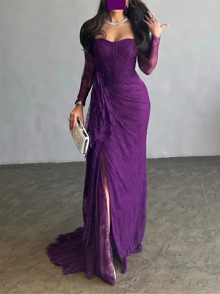 Flechazo Purple Lace Pleat Mermaid Evening Dress Square Collar Illusion Long Sleeves Sexy Side Slit Women Banquet Party Gowns