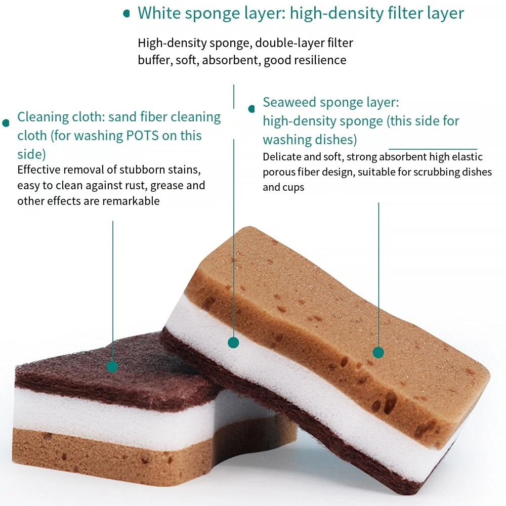 New Double-sided Sandy Fiber Seaweed Sponges Kitchen Pot Dishwashing Rust Removal Sponge Wipes Brush Scouring Pads Clean Tools