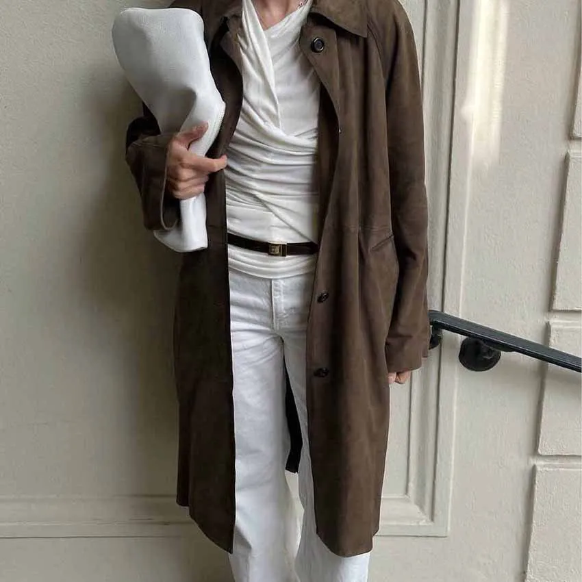 2025 Spring Summer Long Suede Jacket for Women Casual Versatile Vintage-Inspired Brown Long-Sleeve Workwear Trench Outwear