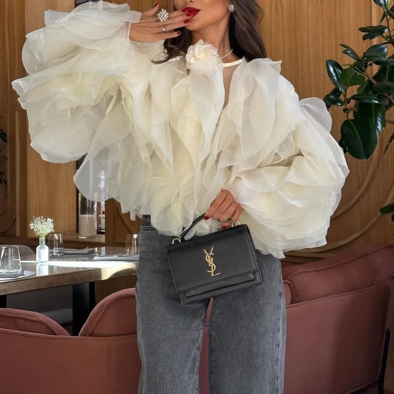 Crew neck pulôver multi-camada plissado borda emenda camisa feminina manga longa curto em torno do pescoço fungo borda moda topo feminino