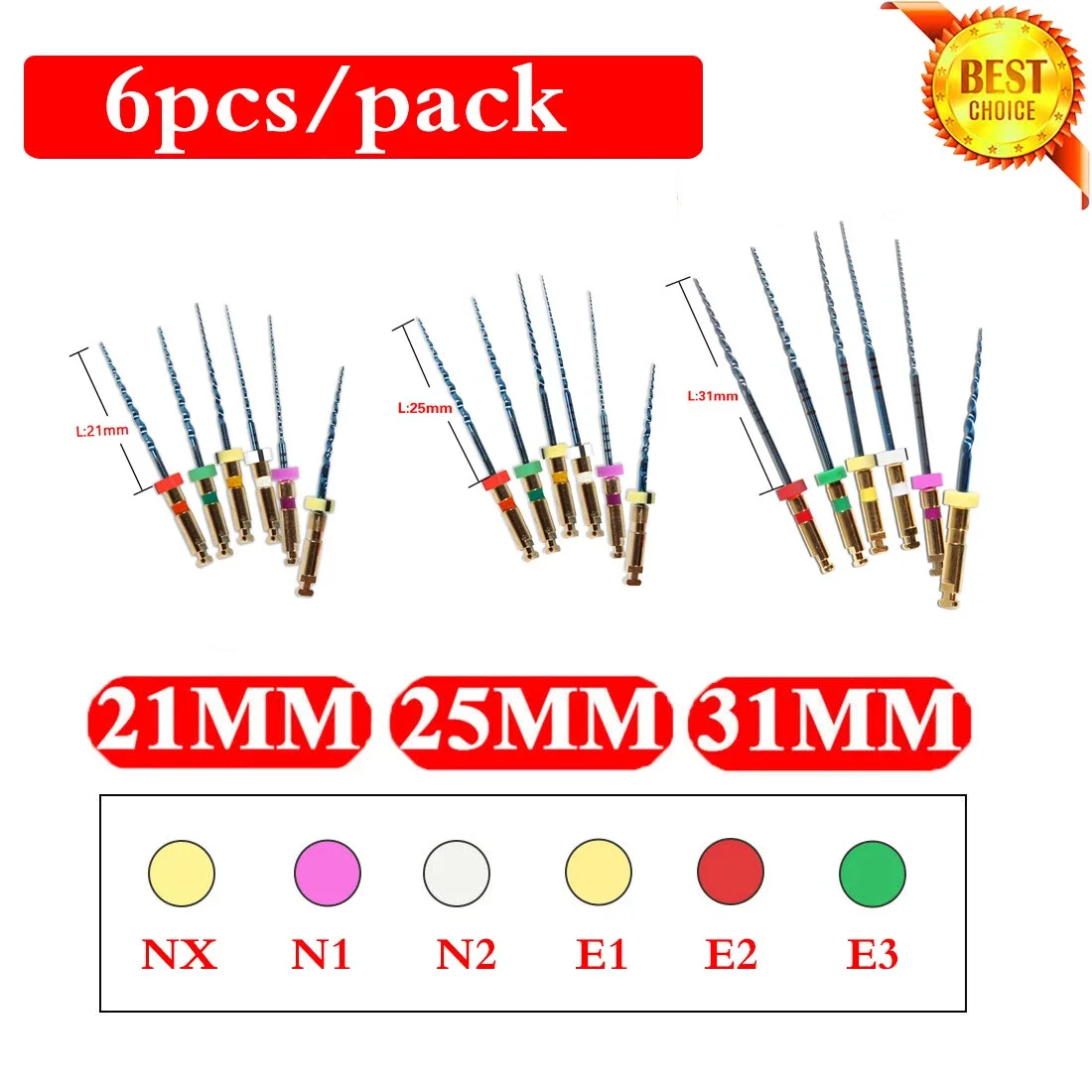 

6PCS/1Pack Use of Endo Motor Apex Locator For Rotary NITI Files For Dental Endodontics, gold-plated, 25/21/31mm SX-F3