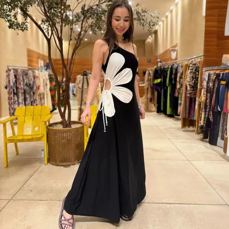 

Skew Shoulder Flower Print Hollow Women Summer Midi Dress Single Shoulder Sleeveless Backless Elegant Sexy 2024 Street Long Robe