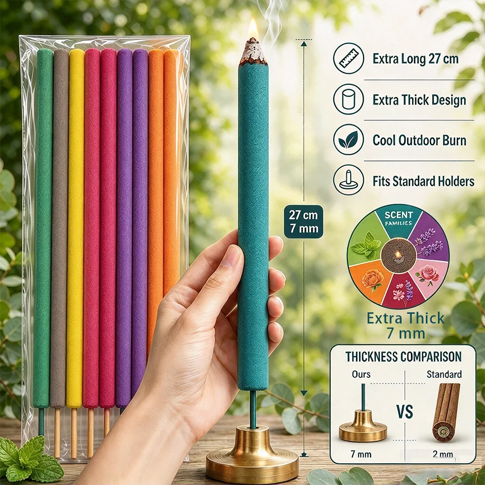 Extra-Large Mixed Incense Sticks, 27cm Long and 7mm Thick, Handmade Bamboo Incense Sticks with Flavors of Lavender, Cherry Blossom, Lemongrass, Citronella, Jasmine, Rose, White Sage, Mint, Etc. Made from Incense Powder