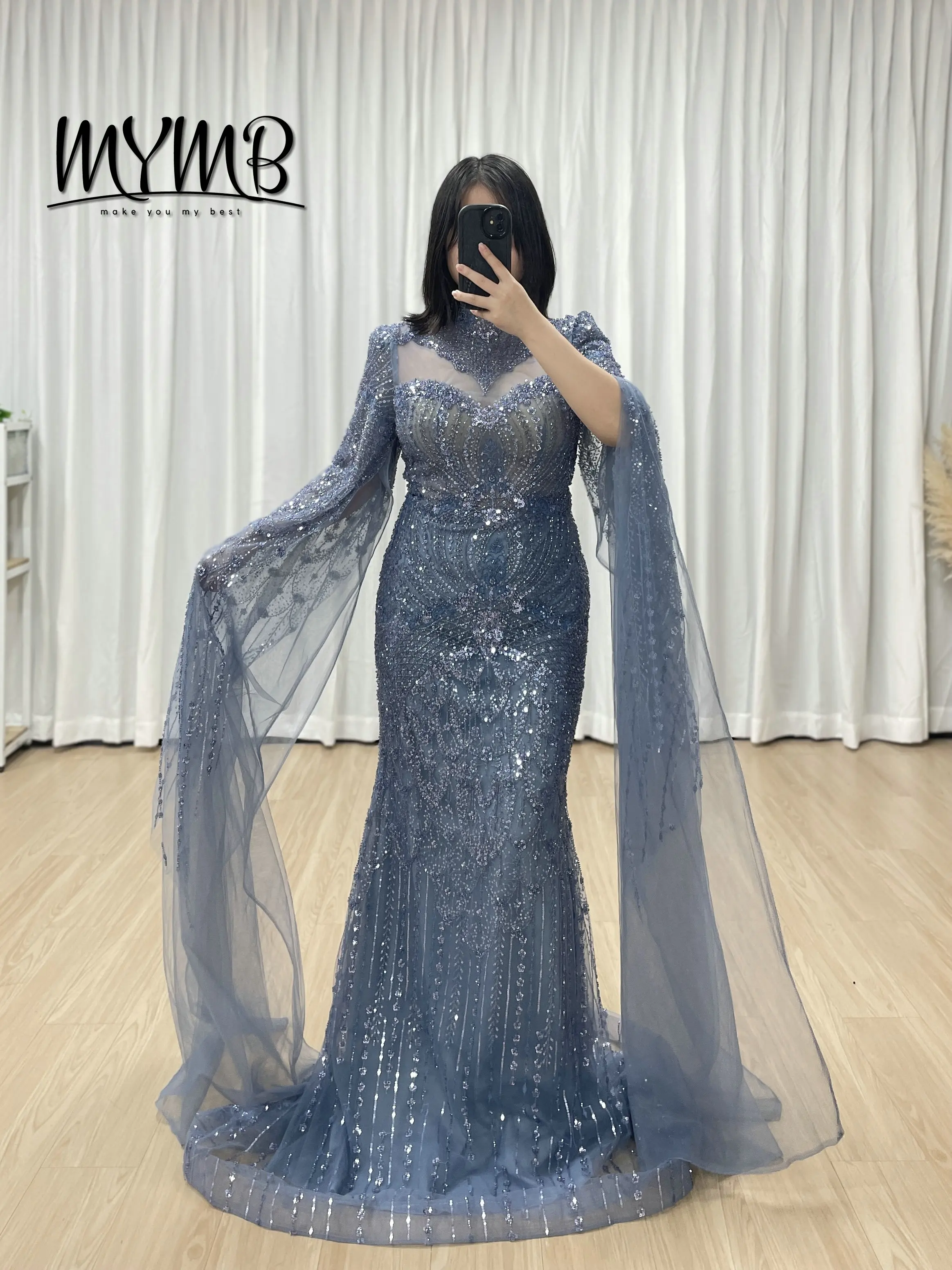 

MYMB Элегантные вечерние синие вечерние платья с высоким воротом, роскошные расшитые бисером и стразами, расшитые блестками, вечерние платья русалки для выпускного вечера с рукавами-накидкой MY30197