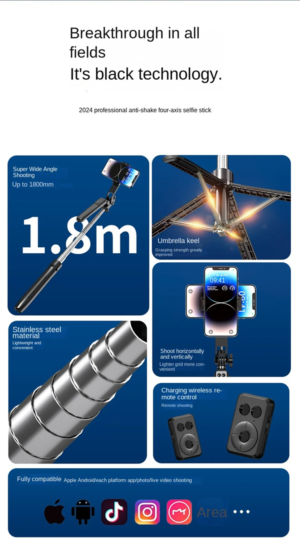 Description Picture 3 of itemWireless Selfie Stick with Bluetooth and lights Remote Portables Foldable Stand tripod for Vlog Shooting Record for Smartphone