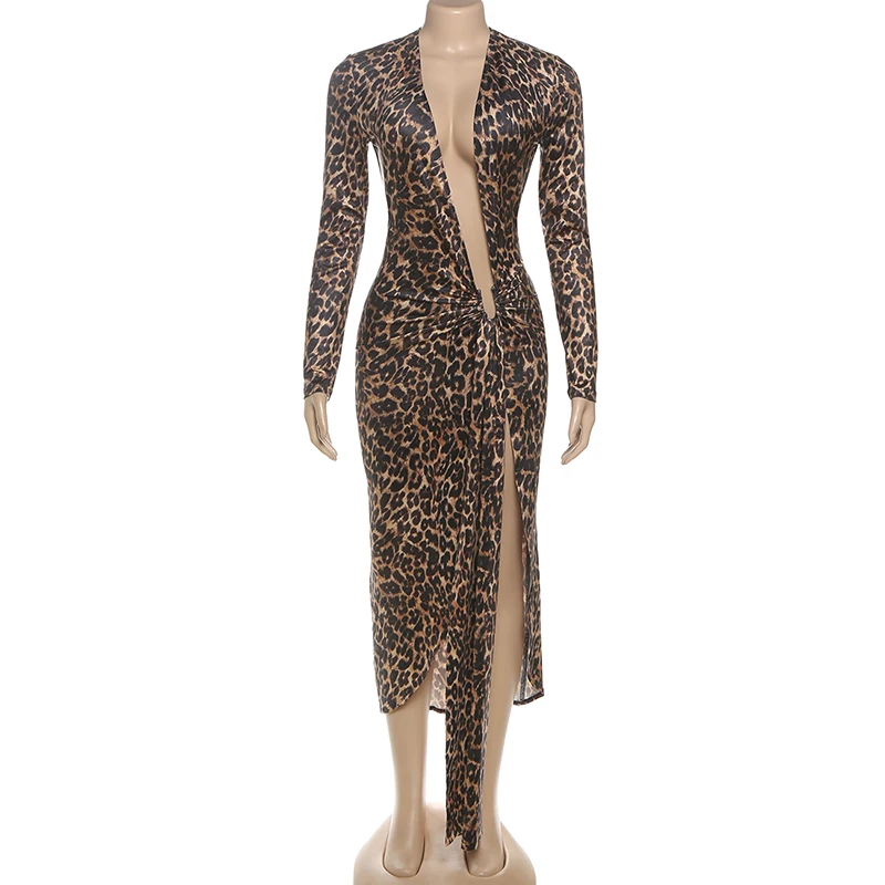 Robe Maxi Sexy à manches longues et col en V pour femmes, imprimé léopard, fente haute, tenue de soirée, été, automne, bal de promo, vêtements Y2K, 2025