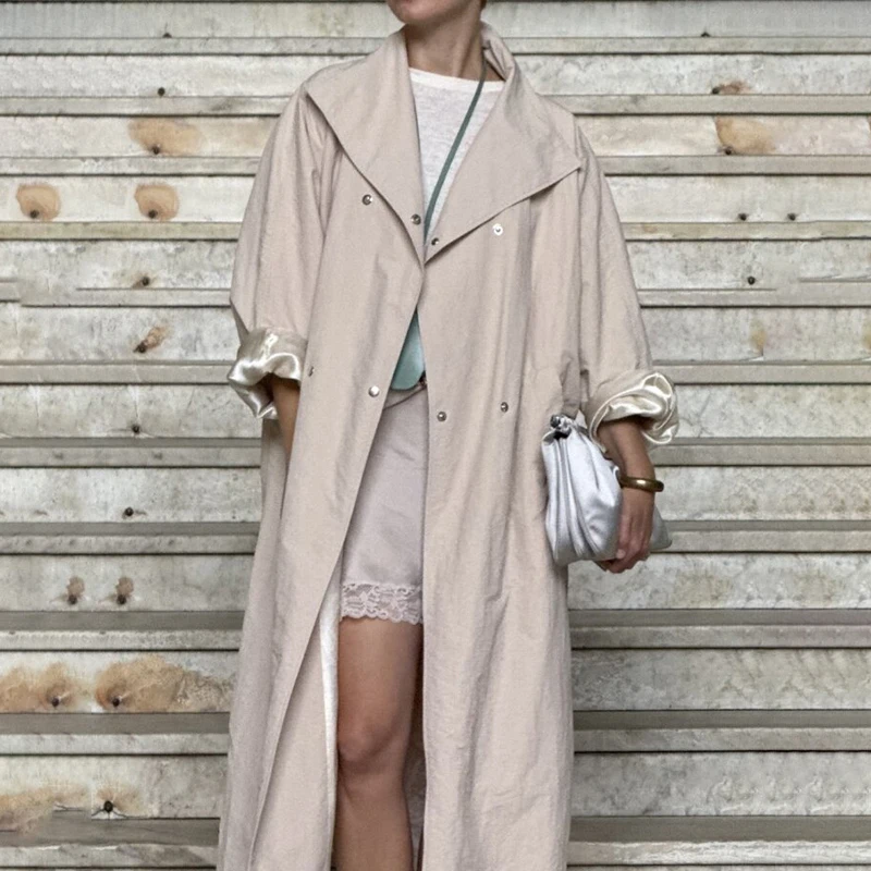 Women Loose Maxi Trench Coat Stand Collar Snap Buttons Side Pockets Long Outerwear Windproof Autumn Commute Ladies Trench Jacket