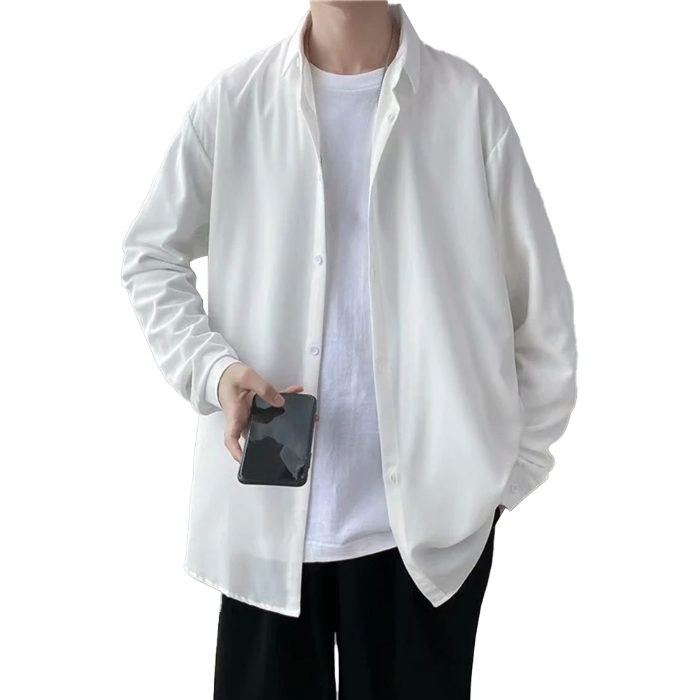 

Korean Youth Shirt Tops Blouse Men's Loose Tee with Long Sleeve Button Down Lapel Collar Polyester Material Solid Color