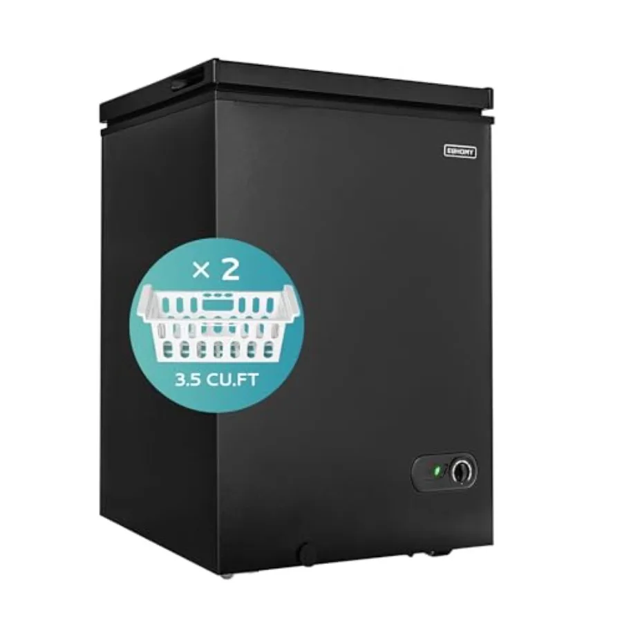Chest Freezer with Wheels for Home Use, Black Steel, Smooth Top Door Design, Easy Mobility and Space-Saving Storage