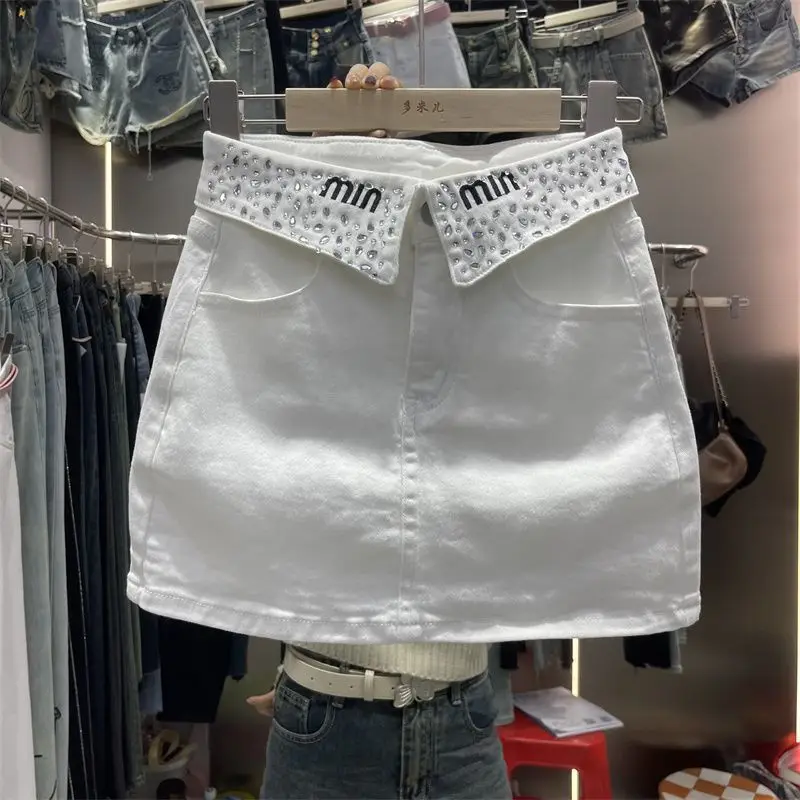 Saias jeans bordadas com diamante para mulheres, minissaia de cintura alta, lapela em linha A, encaixe fino, moda de rua coreana, casual