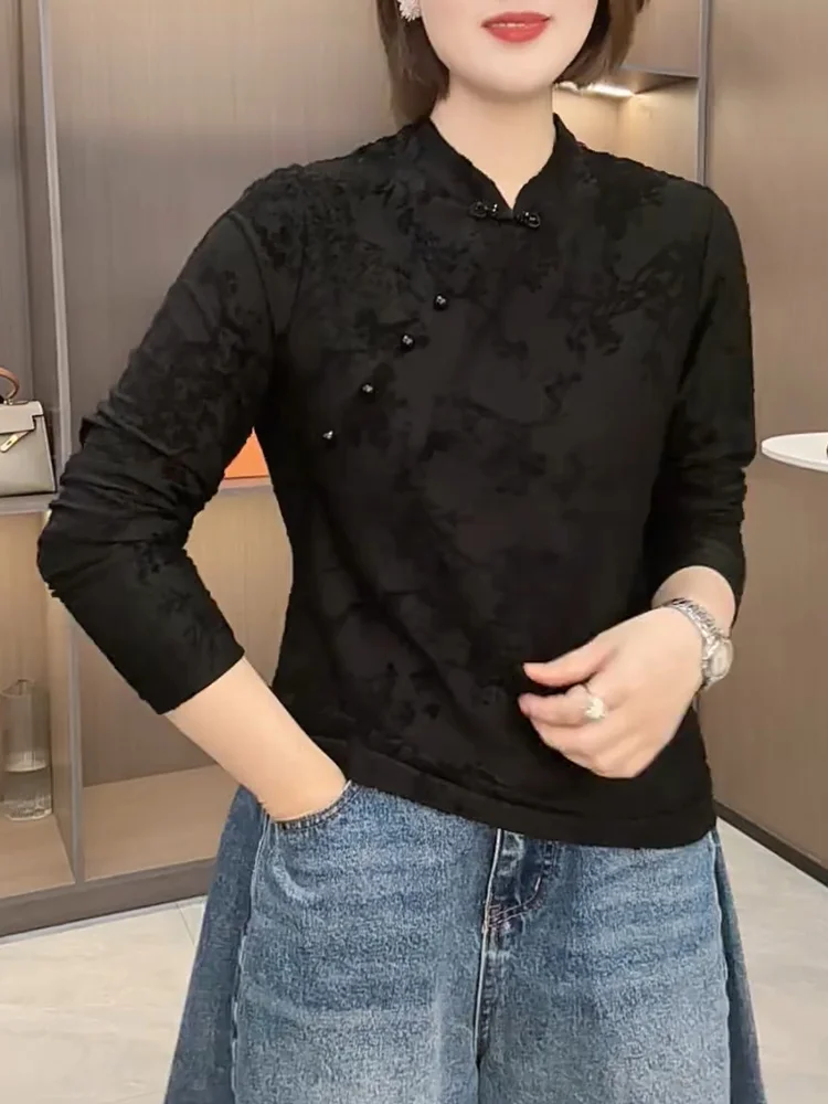 

Новая китайская блузка с вышивкой и пуговицами, больших размеров, модная, стройнящая, универсальная, для осеннего сезона, женская...