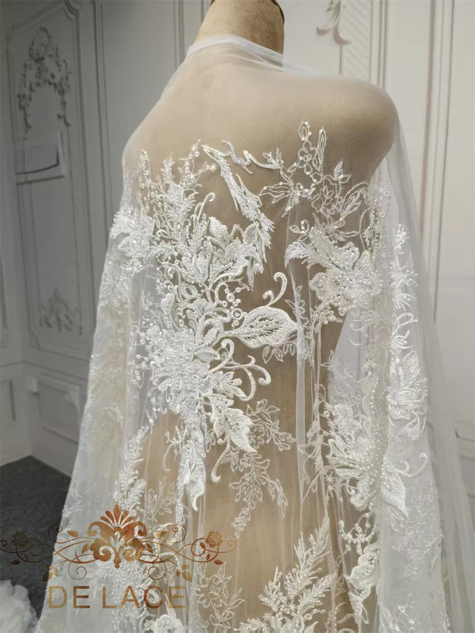 JZQ 럭셔리 헤비 비즈 레이스 플로럴 자수 반짝이는 스팽글 원단 웨딩 드레스 고품질 레이스 원단