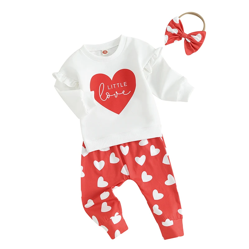 

Toddler Baby Girls Valentines Day Outfit Long Sleeve Letter Print Sweatshirt Heart Print Sweatpants Headband 3Pcs Set