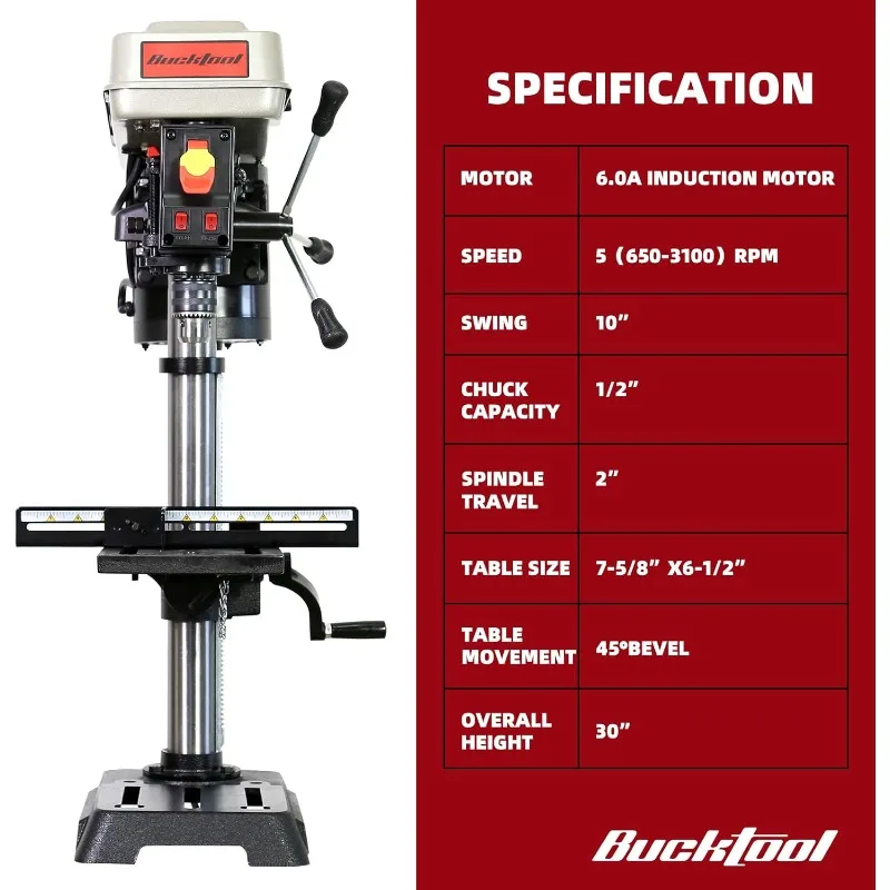 10-Inch Drill Press 6.0 Amp Bench Drill Press 5-Speed Benchtop Drilling Machine with LED Work Light