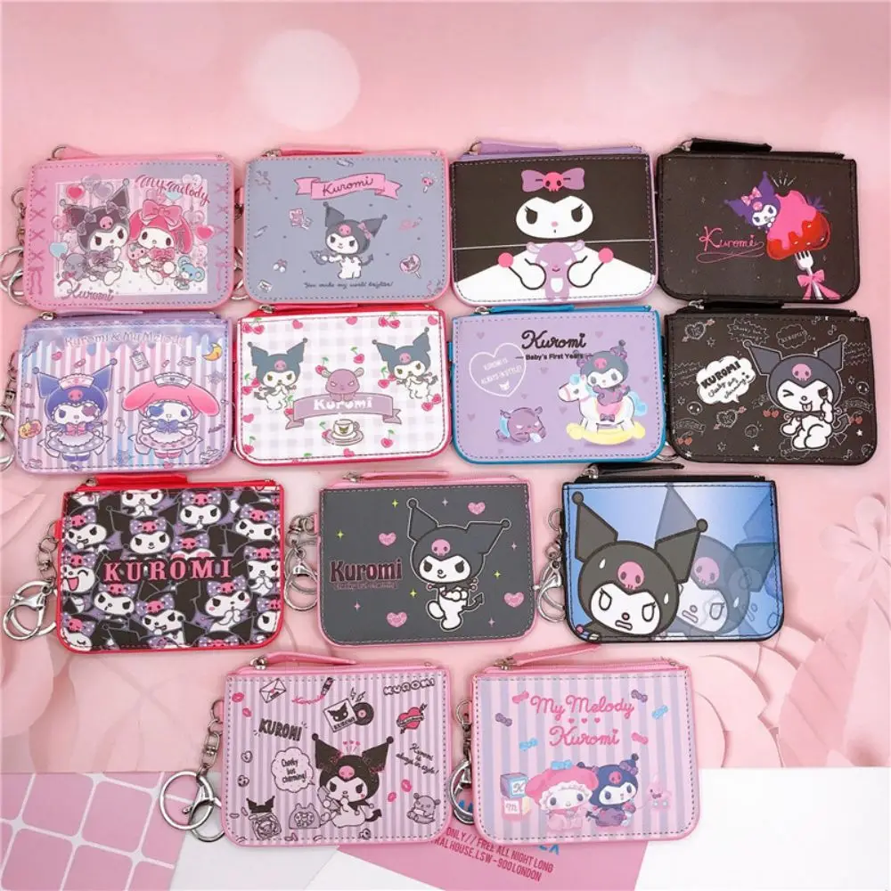 

Kuromi Pu Leather Card Holder Sanrio Pu Wallet Cartoon Women Girls Zipper Change Purse Students Mini Key Card Bag With Keychain