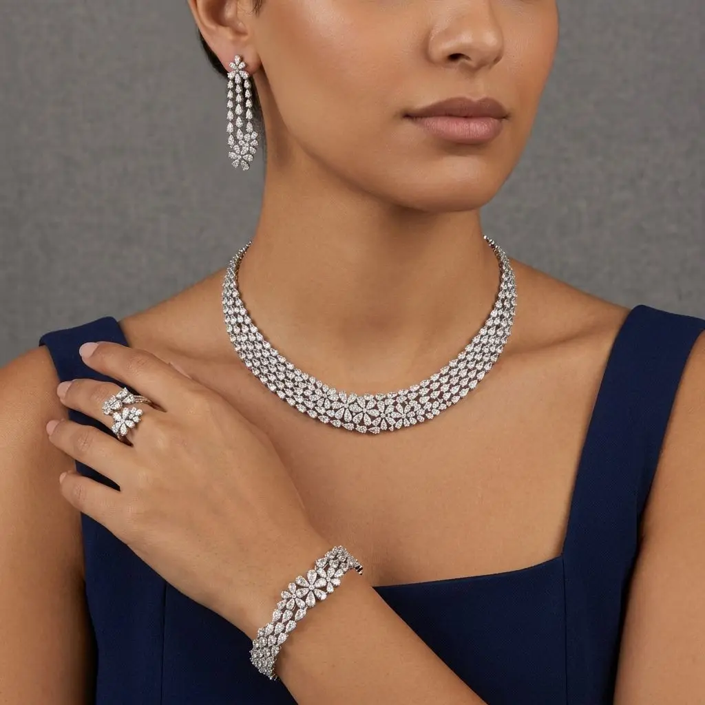 Bride Talk Luxury Floral Zircon Bridal Jewelry Set 4Pcs Elegant Multilayer Flower Waterdrop Wedding Accessories for Women Party