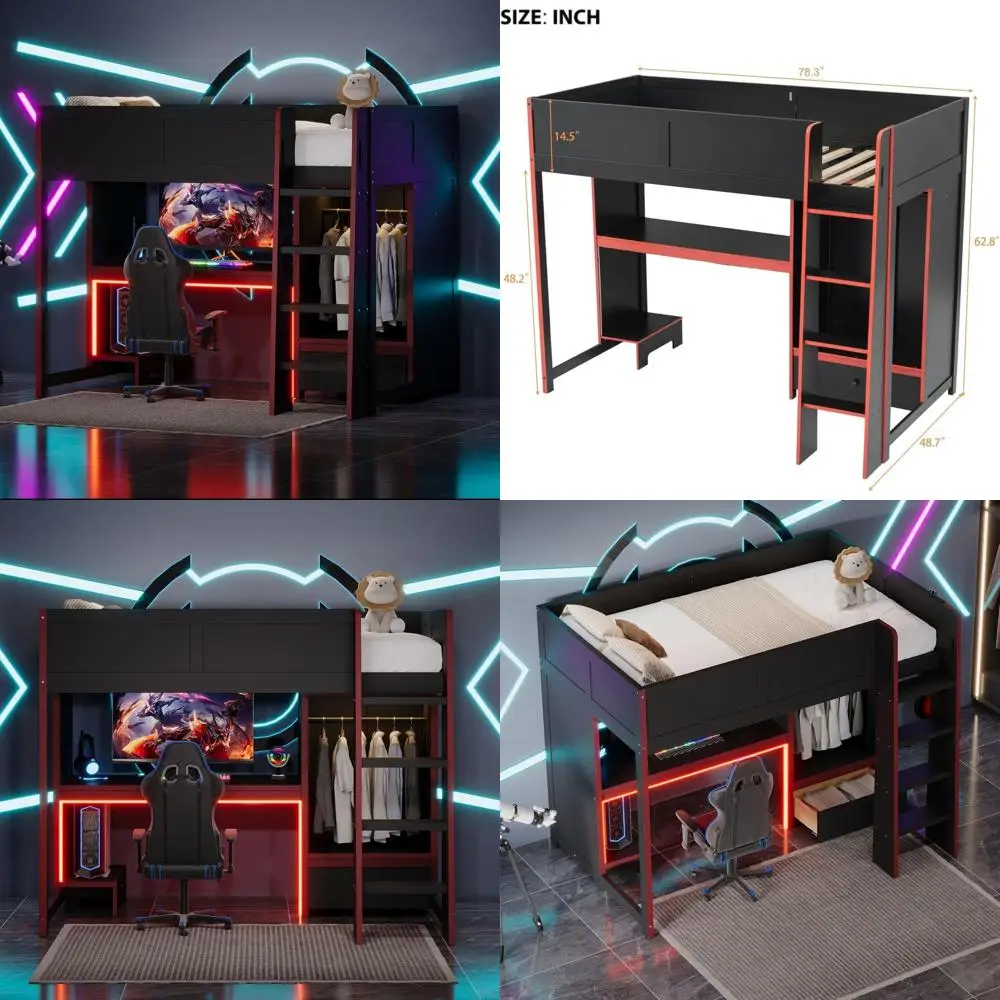 Twin Over Full Bunk Bed with Desk and Wardrobe, LED Lighting, Suitable for Gaming and All Ages, Black