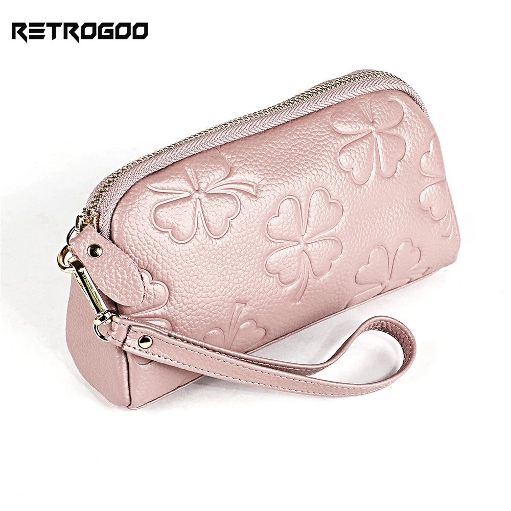 RETROGOO pochette da polso in vera pelle rosa borsa da donna tasca con cerniera portafoglio femminile copertura del telefono borsa per soldi borsa