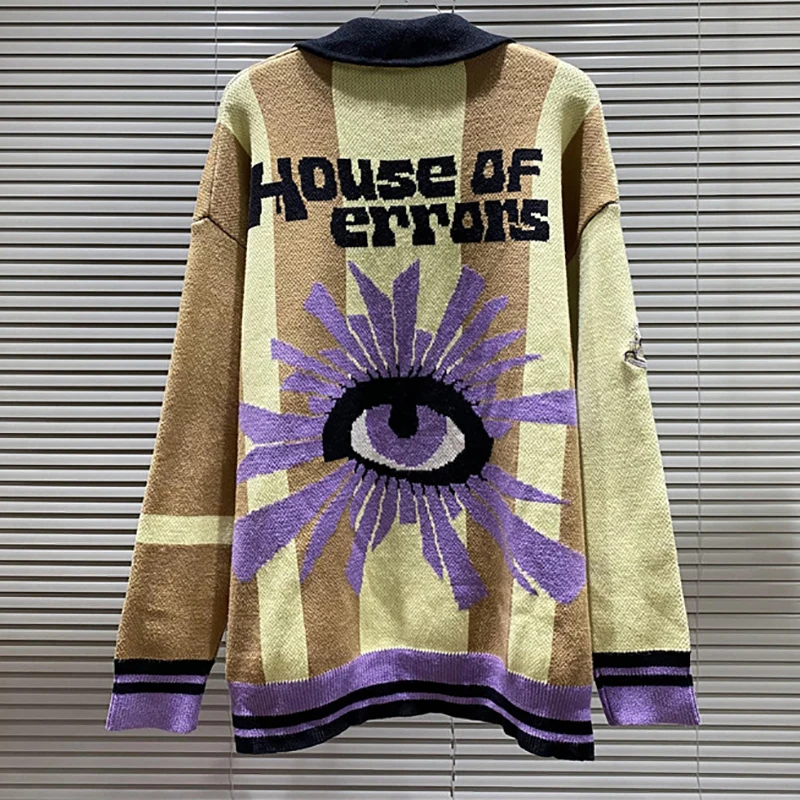 Street House of Errors Sweater Knitted Long Sleeve Lapel Tops Jacquard Logo Loose Casual T-shirt Men Women Clothing