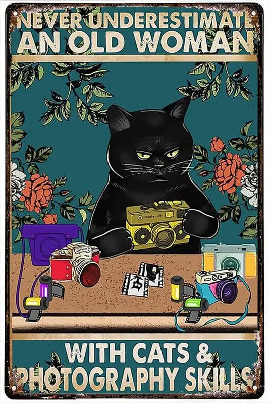 Retro Metal Tin Sign Black Cat Old Woman With Photography Skills Photographer Floral Vintage Poster Wall Tin Sign Wall Post sign