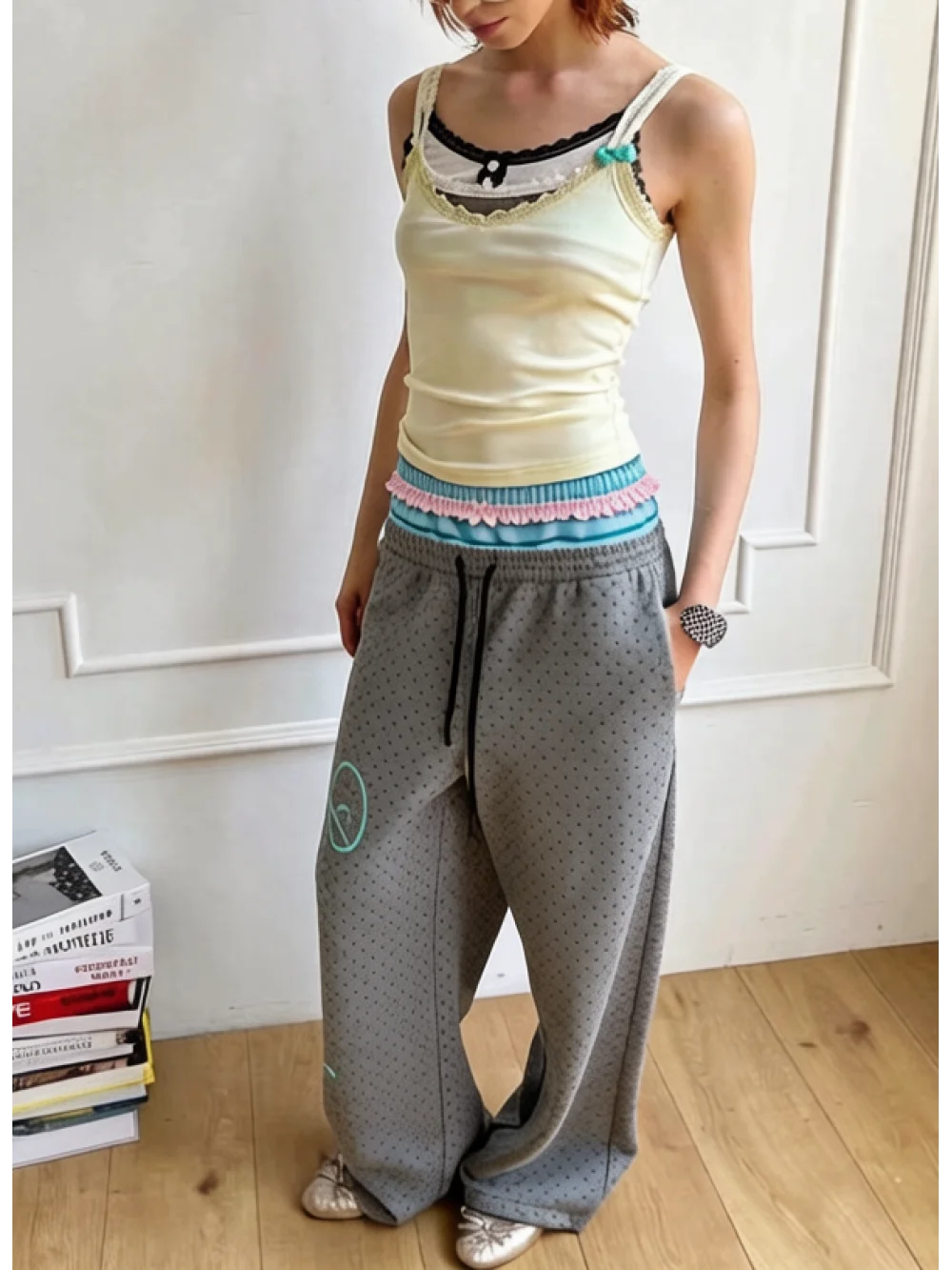 2026 New Y2K Letter Printed Polka Dot Splicing Fake Two-Piece Pants for Street Fashion, Niche Fashion, Versatile Daily Leisure